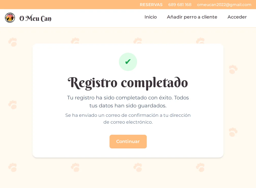 Pantalla de registro completado con aviso de correo enviado al cliente